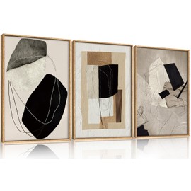 DRACIT Abstract Modern Geometric Framed Canvas Wall Art Set,Neutral Tone Beige Black Brown Wall Decor,Minimalist Textured Line Shape Artwork for Living Room, Bedroom,Farmhouse-16 x24 x3