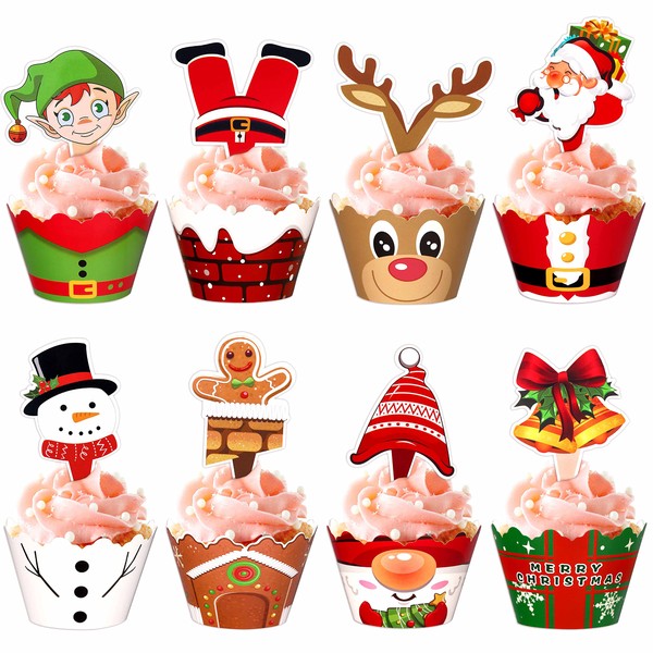 128 Pieces Christmas Cupcake Toppers Wrappers Party Supplies Favors - Snowman Santa Claus Reindeer Elf Gnome Gingerbread