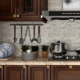 Yipscazo 10 Sheets Peel and Stick Stone Metal Tile Backsplash, Stick on Tiles for Backsplash Kitchen, Bathroom, Laundry Room, Camper, Fireplace (12'' X 12'', Ecru)