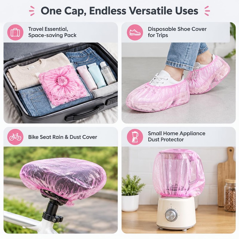 50Pcs Disposable Shower Caps, Waterproof Plastic Bath Hair Caps (Pink)