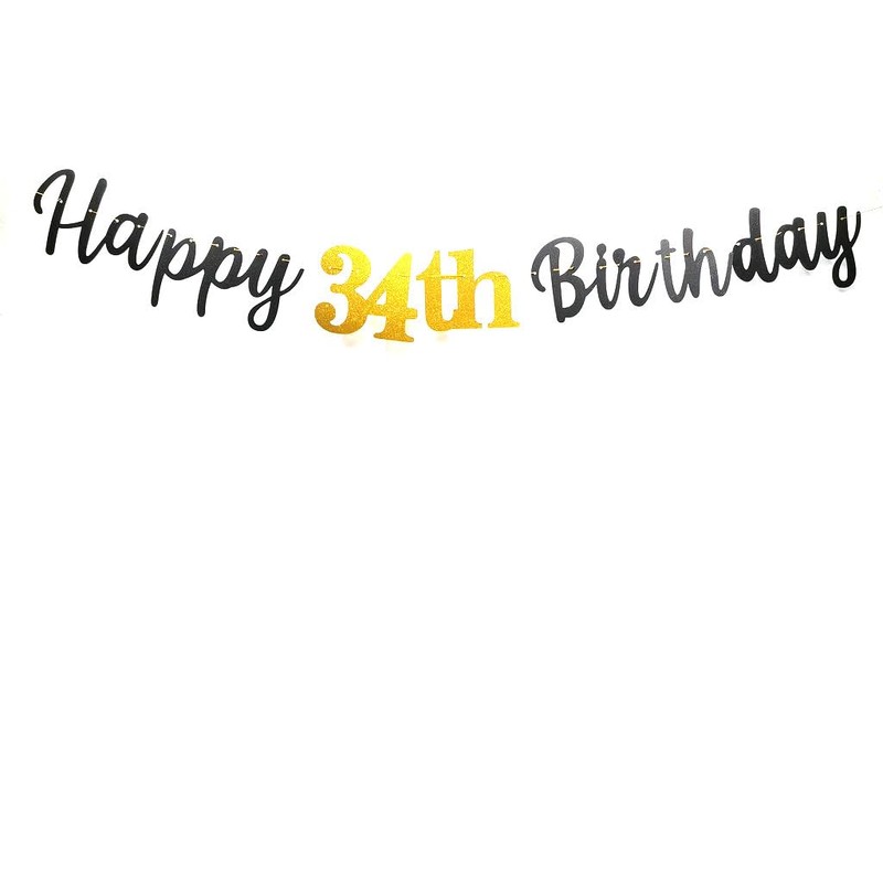 Happy 34th Birthday Banner Decoration, Black and Gold Happy 34th