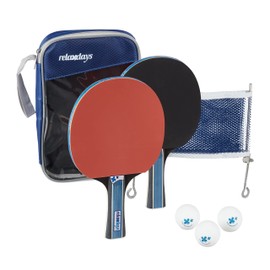 Relaxdays Tischtennis Set, Hülle mit Tischtennis-Netz, 2 Holzschläger, 3 Ping Pong Bälle, Mini Tischtennis, schwarz-rot
