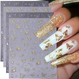 MOLILON 4 Sheets Starry Sky Star Nail Stickers, Self-Adhesive Aurora Silver Gold Butterflies Moon Star Nail Art Stickers, Butterfly Nail Decals Design for Women Girls DIY Manicure Decoration