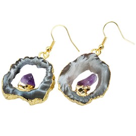 KYEYGWO Agate Druse Crystal Earrings for Women, Natural Amethyst Dangle Hook Earrings, Stone Earrings, Gemstone Earrings, Fashion Women Jewellery, agate druse amethyst, agate druse