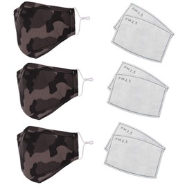 Children's Camouflage Cotton Face Mask, Reusable, Washable & Dustproof, Breathable & Safety Mask with 6 Filters, Anti-Pollution Mask, Grey Camo, 3 Pieces