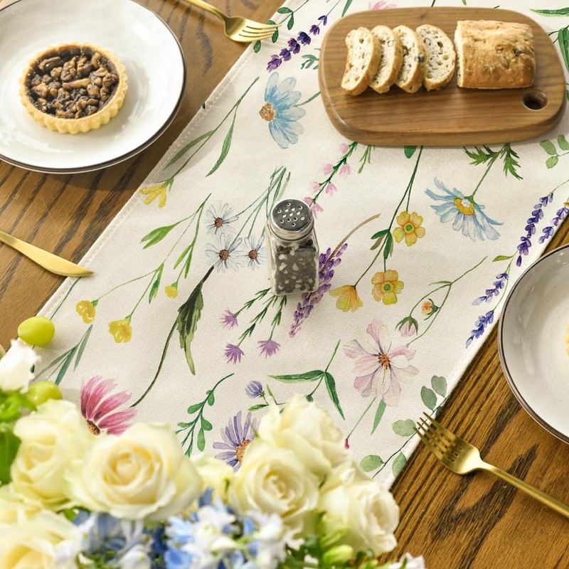 Artoid Mode Wildflowers Floral Eucalyptus Spring Table Runner, Seasonal Summer