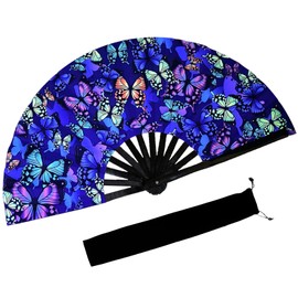 dmjuncong Large Folding Hand Rave Fan,Clack Handheld Fan with Fan bag,for Music Festivals,Carnival,Rainbow Outfits,Disco Party,Neon Party, Glow Party Decorations Supplies.