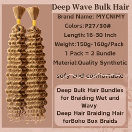 Deep Wave Bulk Hair For Braiding Hair No Weft 24inch Wet And Wavy 150g Quality Synthetic Hair Braiding Extensions For Boho Braids（2 Bundles/Pack P27/30#)