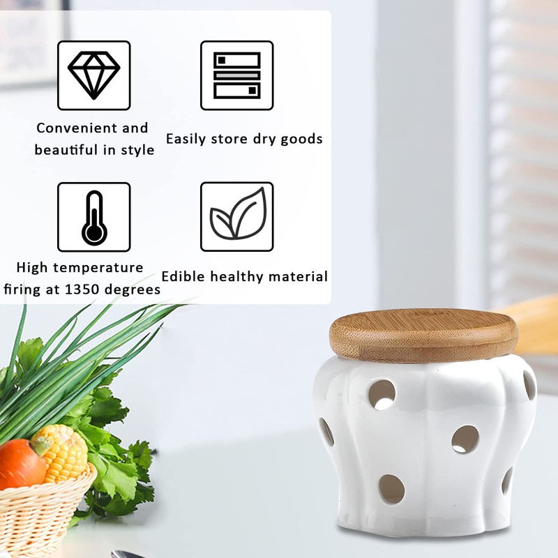 MEKBOK Garlic Keeper,Garlic Keeper for Counter,White Ventilated Garlic Container,Ceramic Garlic