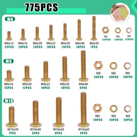 Twidec/775PCS Metric Bolt Assortment,Grade 8.8 Hex Head Nuts and Bolts Assortment Kit, M6/M8/M10(12-60mm) Heavy Duty Bolts and Nuts Kit, Flat & Spring Lock Washer Gold Zinc Plating With Storage Case
