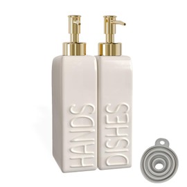 Karisky Soap Dispenser Set with Gold Rustproof Stainless Steel Pump, 2 Pack Ceramic Refillable Dish Soap and Hand Soap Dispenser for Kitchen, Bathroom, Matte White