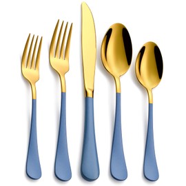 Moxinox 20-Piece Grey blue & Gold Silverware Set, 18/0 Stainless Steel Colorful Handle Flatware Set,Service for 4,Modern Cutlery Set Includes Dinner Knives Forks Spoons,Mirror Polished,Dishwasher Safe