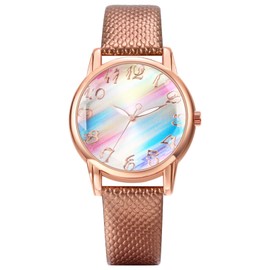 JewelryWe Women's Leather Watch Women's Analogue Quartz Classic Business Casual Watch with Leather Strap Gift for Women Girls, 1 - Rainbow - Brown, Strap.