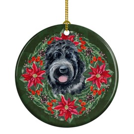 Caroline's Treasures Black Russian Terrier Poinsetta Wreath Ceramic Ornament Christmas Tree Hanging Decorations for Home Christmas Holiday, Party, Gift, 3 in, Multicolor