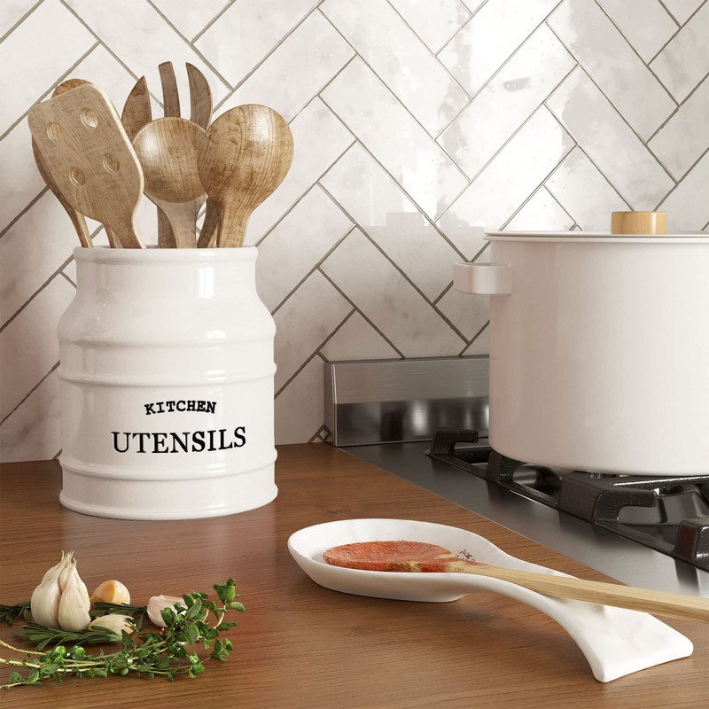 Barnyard Designs Ceramic Farmhouse Utensil Holder for Kitchen Counter, Large