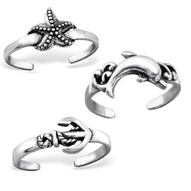 ICYROSE 925 Sterling Silver set of 3 Starfish, Anchor, Dolphin Adjustable Toe Ring or Above Knuckle Ring Mid Finger