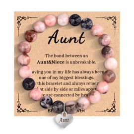 HMOOY Inspirational Natural Stone Beaded Bracelet Gifts for Women, Pink 8mm Round Sweet Love Charm Bracelet Birthday Jewelry Gifts for Women Mom Daughter Grandma Friend Sister (Aunt)