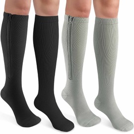 CASMON 2 Pairs Zipper Compression Socks for Women & Men,15-20 mmHg Closed Toe Knee High Support Sock for Varicose Vein Edema