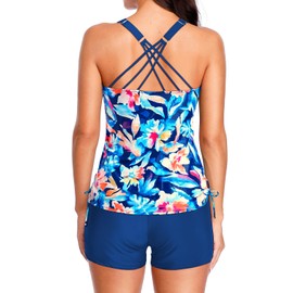 Tempt Me Two Piece Tankini Swimsuits for Women Tummy Control Bathing Suit with Shorts Athletic Swimwear Blue Floral L
