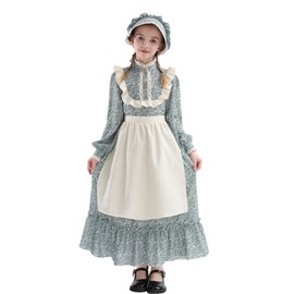 Nuoqi Prairie Dress Girls Colonial Pioneer Costume 1800s Victorian Dress for Girls 6-7, Blue