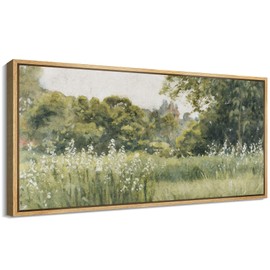 MUDECOR Extra Large Framed Canvas Print Wall Art Impressionist Green Meadow Soft Watercolor Landscape Illustrations Antique Fine Art Illustrations Decorative Colorful for Bedroom - 60"x30"