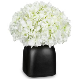 Briful Hydrangea Artificial Flowers White Silk Hydrangea Flowers in Deep Black Ceramic Vase Spring Flowers Arrangments Potted Fake Flowers for Home Decor Indoor Farmhouse Table Wedding Centrepiece