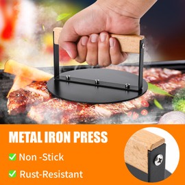 bodkar Smash Burger Press 6 inch, Round Burger Smasher Grill Press for Griddle Bacon Press Meat Steak Press with Wood Handle