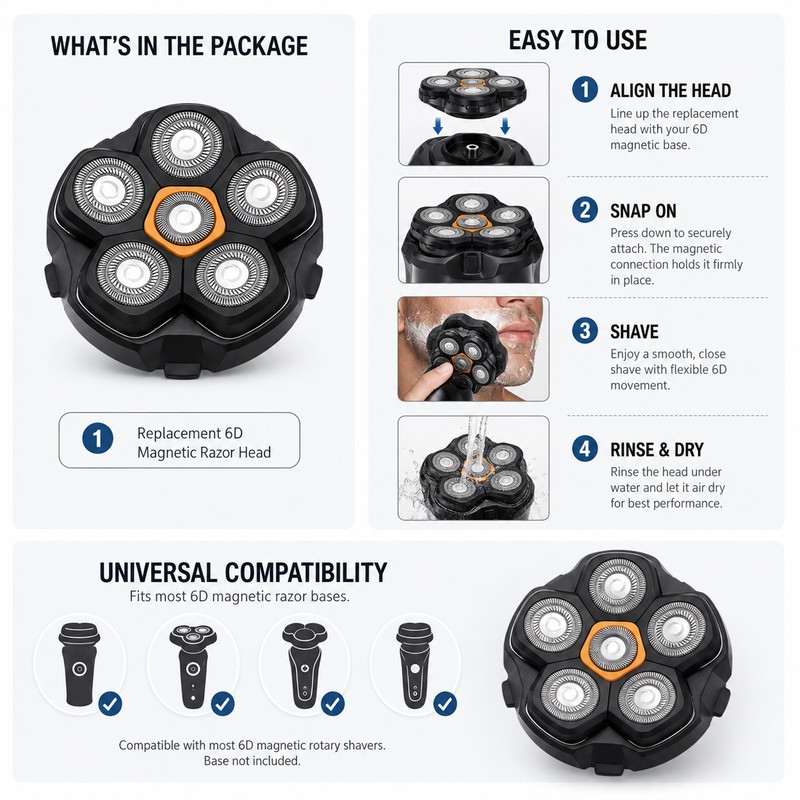 6D Magnetic Replacement Shaver Head for Bald Head Shaving –