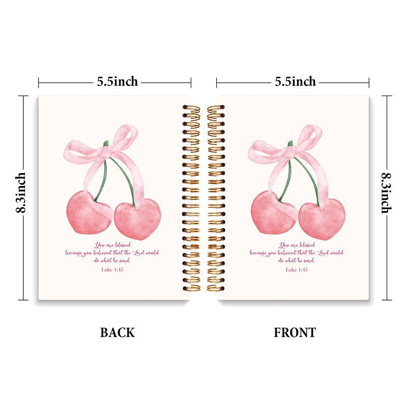 JXREQ Coquette Pink Cherry Bow Christian Notebook, Luke 1:45 Bible