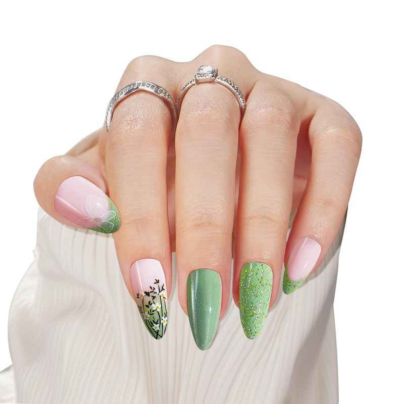 Uñas francesas con punta verde almendra, 24 piezas, 12 tamaños,