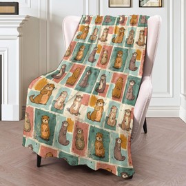 ICAAV Retro Otter Blanket 50×60 Inch,Vintage Doodle Collage Style Lightweight Flannel Throw with Cartoon Sea Otters in Color Blocks, Playful Animal Decor,Gifts for Adults, Teens