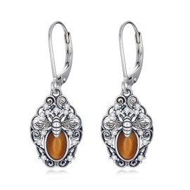 ABIGY Bee Earrings 925 Sterling Silver Tiger Eye Earrings Vintage Animal Jewellery for Women