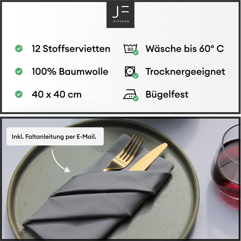 JF.kitchen® 12 fabric napkins with folding instructions (English language not