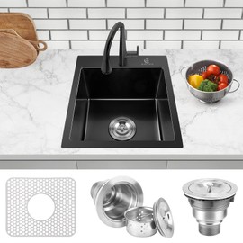 BURCHAIN 17 x 15 Inch Drop in Kitchen Sink Top mount Bar Sink 16 Gauge Stainless Steel Single Bowl Workstation with Sink Protector (Black)