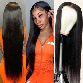 Subella 13x4 HD Straight Lace Frontal Wig Pre Plucked Hairline with Baby Hair Glueless 180% Density Transparent Lace Front Human Hair Wigs for Black Women Natural Black Color (28inch)