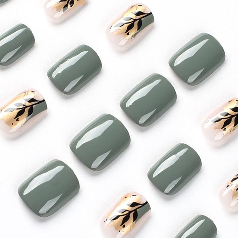 Short Square Green French Nails for Sticking with Leaf, KXAMELIE
