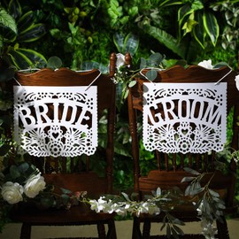 Mexican Wedding Decorations White Papel Picado Bride and Groom Chair Signs Mexican Bridal Shower Decorations White Wedding Chair Decor