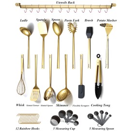 Gold Cooking Utensils Set, Kyraton Stainless Steel 37 Pieces Kitchen Utensils Set with Titanium Gold Plating, Kitchen Gadgets Tool Set with Utensils Racks Heat Resistant Dishwasher Safe
