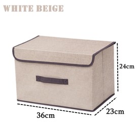 NCRGB Pack of 2 Fabric Foldable Storage Boxes with Lid, 36 x 23 x 24 cm, Fabric Storage Container with Lid, Wardrobe Organiser for Clothes Storage, Room Organisation, Toy Beige White