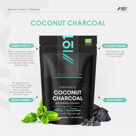 Organic Activated Coconut Charcoal 2000mg - 60 Capsules - from Thai Coconut Shells - Bloating & Gas, Digestion & Flatulence Natural Relief – Resealable and Recyclable Pouch by Alpha01