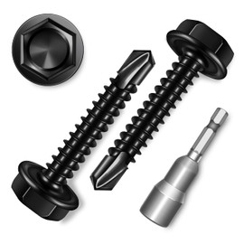 EASTPUK 100Pcs #8 x 1 Sheet Metal Screws, 410 Stainless Steel Self Drilling Hex Head Black Self Tapping Screws for Metal with Drill Bit