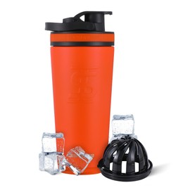 Ice Shaker Insulated Stainless Steel Shaker Bottle | 26oz, Orange | Cold for 30+ Hours | Insulated Cup with Twist-on Agitator | Odor-Free Bottle for Protein Shakes, Water, Smoothies, Cocktails