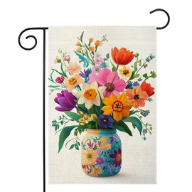 Spring Summer Colorful Floral Mason Jar Garden Flag 12x18 Inch Double Sided Tulip Daffodil Flower Yard Outdoor Flag House Holiday Outside Decoration Burlap