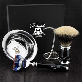 Premium 4-Piece Shaving Set with Luxury Razor, Silver Tip Badger Shaving Brush, Double Stand & Shaving Bowl - Haryali London Special Selection