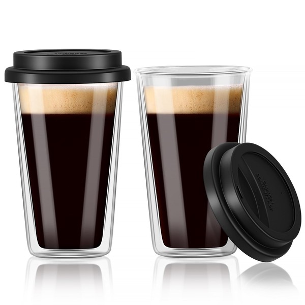 Double Walled Glass Coffee Mugs with Silicone Lids,12 OZ 2