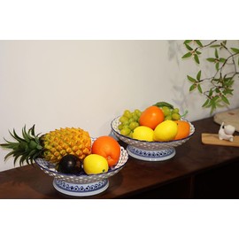 Aimusego Chinoiserie Blue and White Ceramic Fruit Bowl for Kitchen Counter, Hand Painted Decorative Pedestal Dessert Bowl for Table Countertop,Footed Serving Plate (Cosmos flower)