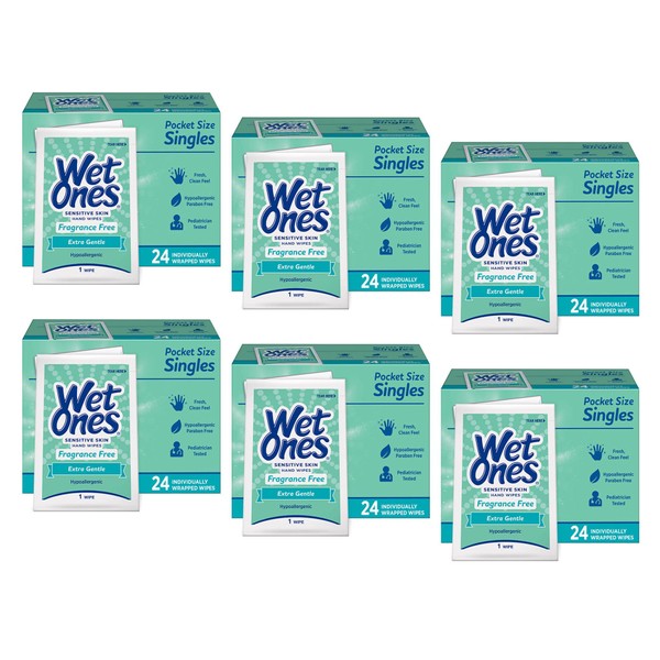 WET ONES Sensitive Skin Hand Wipes, Singles Extra Gentle Fragrance & Alcohol Free 24 ea ( Pack of 6)