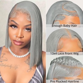 Eyefanniy Grey Bob Wig Human Hair 13x4 HD Lace Front Wigs Short Bob Lace Frontal Wigs for Black Women 180% Density 10 Inch