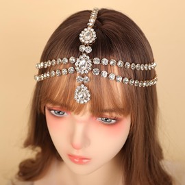 BERYUAN Dainty Tassel Rhinestone Pendant Headband Sparkly Rhinestone Forehead Hair Chain Gold Silver Crystal Pendant Headchain for Wedding Women