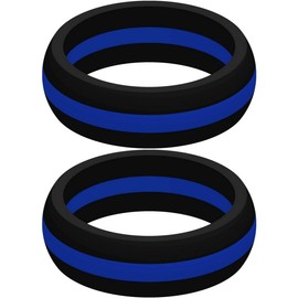 Set of Two (2) Thin Blue Line Silicone Rings Size 16 - Engagement Wedding Replacement Band for Active and Workout Lifestyles - Police Law Enforcement Ring